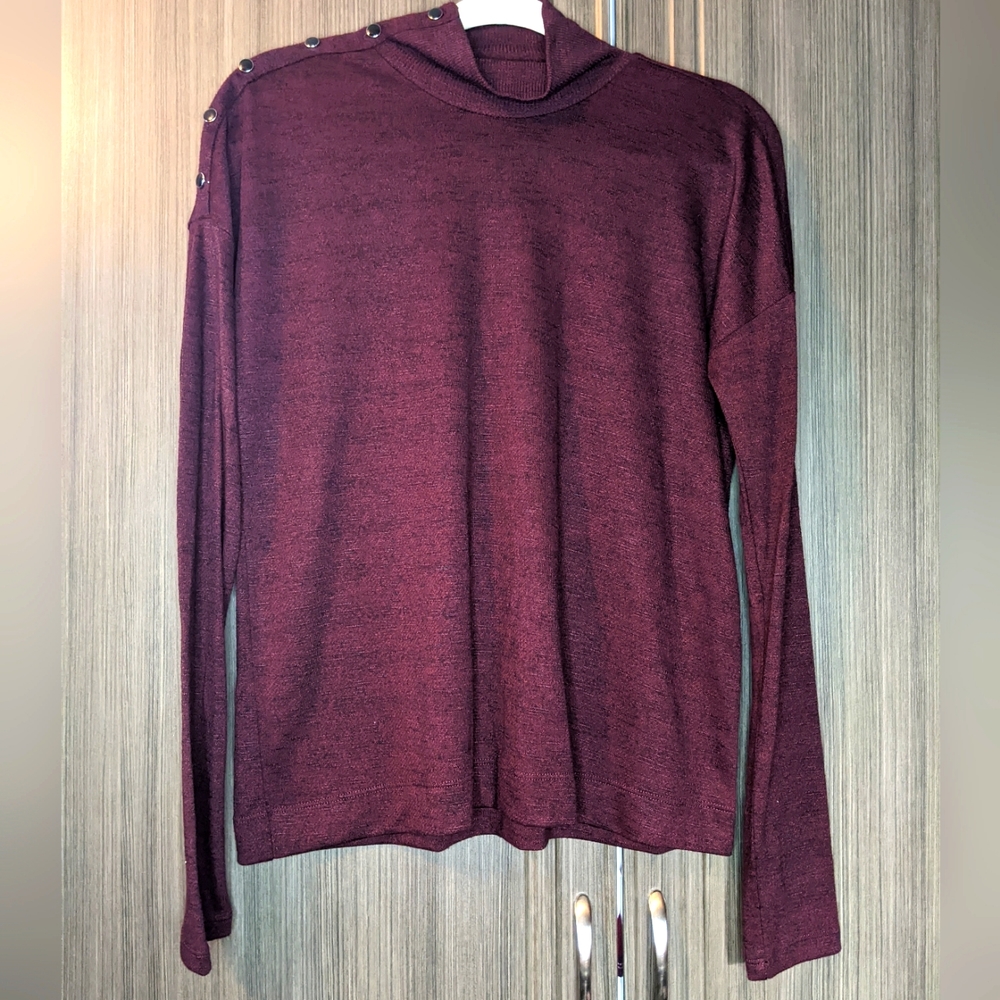 Paige Paxton Mock Turtleneck Sweater with Buttons in Cabernet/Black, XS